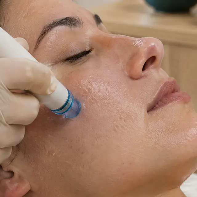 Aqua-Peeling an der Wange, feine Wassertropfen auf der Haut