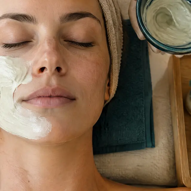 Pinsel trägt eine Maske auf die Wange auf