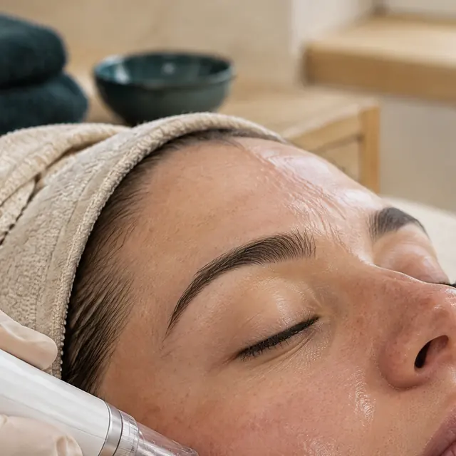 Microneedling-Stift an der Wange