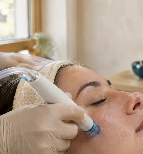Aqua-Peeling-Gerät gleitet über die Wange