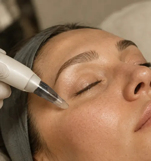 Microneedling-Stift an der Wange einer Kundin mit geschlossenen Augen
