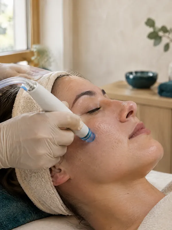 Aqua-Peeling an der Wange einer entspannten Kundin