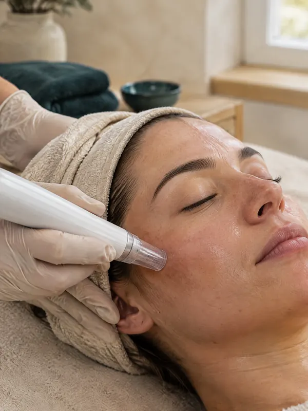 Microneedling-Stift an der Wange einer Kundin mit geschlossenen Augen