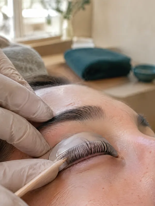 Geliftete Wimpern auf dem Silikonpad, eine Hand führt das Holzstäbchen