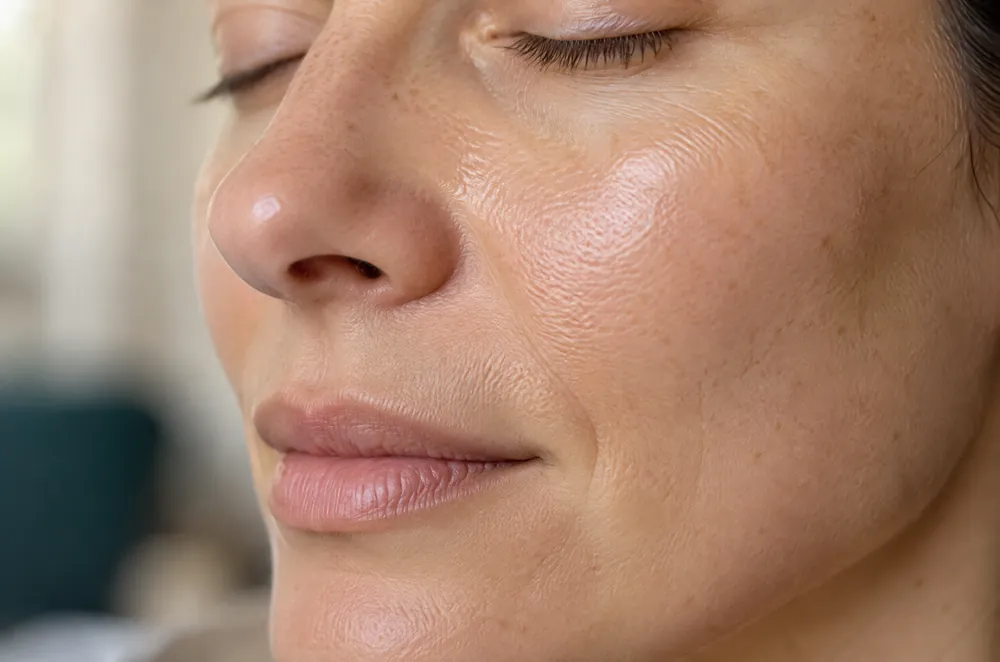 Dieselbe Haut nach einer Behandlungsreihe Aqua-Peeling: ebenmäßiger Ton, feinere Poren, frischer Glanz